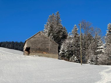 Indigenous alpine huts and wooden cattle stables in the Swiss Alps covered with fresh first snow over the Lake Walen or Lake Walenstadt (Walensee), Amden - Canton of St. Gallen, Switzerland / Schweiz