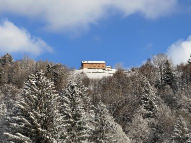Indigenous alpine huts and wooden cattle stables in the Swiss Alps covered with fresh first snow over the Lake Walen or Lake Walenstadt (Walensee), Amden - Canton of St. Gallen, Switzerland / Schweiz