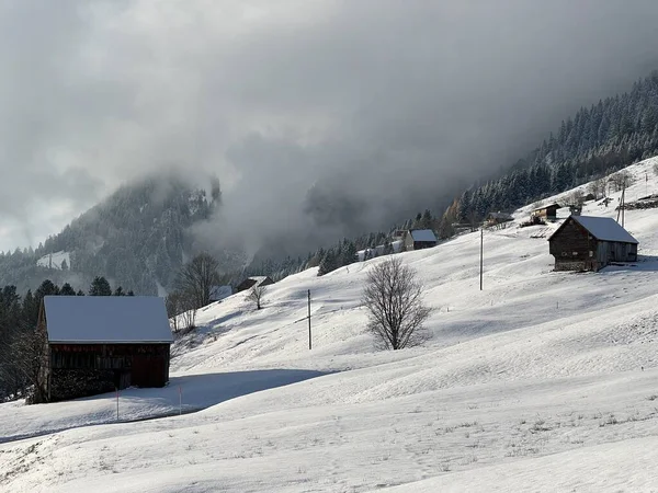 Indigenous alpine huts and wooden cattle stables in the Swiss Alps covered with fresh first snow over the Lake Walen or Lake Walenstadt (Walensee), Amden - Canton of St. Gallen, Switzerland / Schweiz