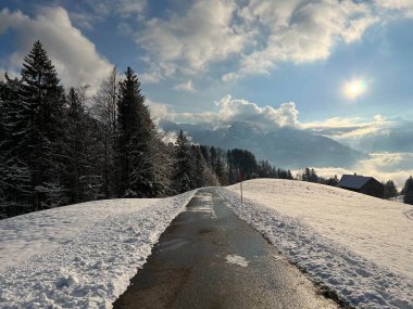 Winter snow idyll along the rural alpine road above the Lake Walen or Lake Walenstadt (Walensee) and in the Swiss Alps, Amden - Canton of St. Gallen, Switzerland / Schweiz