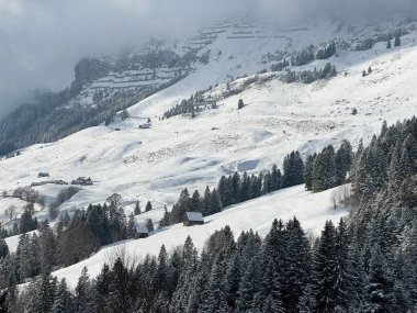 A wonderfully beautiful winter setting with a fresh snow cover in the Swiss Alps and above the Lake Walen or Lake Walenstadt (Walensee), Amden - Canton of St. Gallen, Switzerland / Schweiz