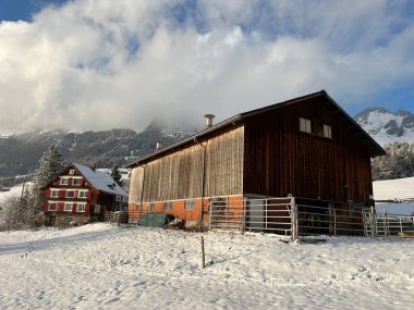 Old traditional swiss rural architecture and alpine livestock farms in the winter ambience over the Lake Walen or Lake Walenstadt (Walensee) and in the Swiss Alps, Amden - Canton of St. Gallen, Switzerland / Schweiz
