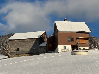Old traditional swiss rural architecture and alpine livestock farms in the winter ambience over the Lake Walen or Lake Walenstadt (Walensee) and in the Swiss Alps, Amden - Canton of St. Gallen, Switzerland / Schweiz