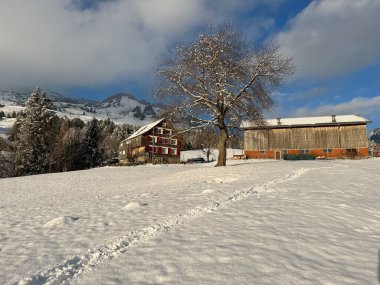 Old traditional swiss rural architecture and alpine livestock farms in the winter ambience over the Lake Walen or Lake Walenstadt (Walensee) and in the Swiss Alps, Amden - Canton of St. Gallen, Switzerland / Schweiz