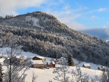 Old traditional swiss rural architecture and alpine livestock farms in the winter ambience over the Lake Walen or Lake Walenstadt (Walensee) and in the Swiss Alps, Amden - Canton of St. Gallen, Switzerland / Schweiz