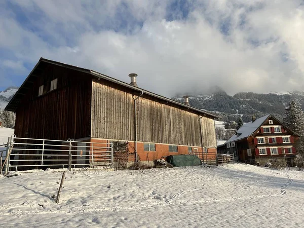 Old traditional swiss rural architecture and alpine livestock farms in the winter ambience over the Lake Walen or Lake Walenstadt (Walensee) and in the Swiss Alps, Amden - Canton of St. Gallen, Switzerland / Schweiz