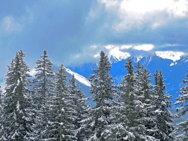 Beautiful low winter clouds and fog condensation in the Swiss Alps above the tourist resorts of Valbella and Lenzerheide in the Swiss Alps - Canton of Grisons, Switzerland (Schweiz)