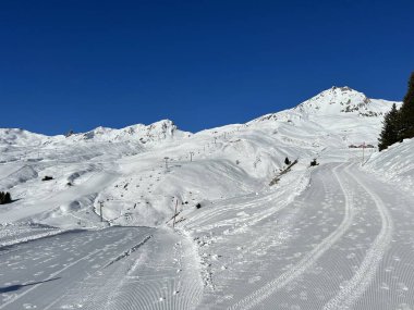 Excellently arranged and cleaned winter trails for walking, hiking, sports and recreation in the area of the Swiss tourist winter resort of Arosa - Canton of Grisons, Switzerland (Schweiz)
