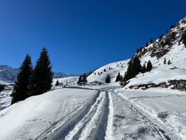 Excellently arranged and cleaned winter trails for walking, hiking, sports and recreation in the area of the Swiss tourist winter resort of Arosa - Canton of Grisons, Switzerland (Schweiz)