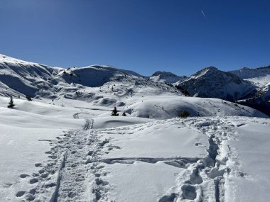 Wonderful winter hiking trails and traces in the fresh alpine snow cover of the Swiss Alps and over the tourist resort of Arosa - Canton of Grisons, Switzerland (Schweiz)