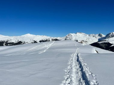 Wonderful winter hiking trails and traces in the fresh alpine snow cover of the Swiss Alps and over the tourist resort of Arosa - Canton of Grisons, Switzerland (Schweiz)