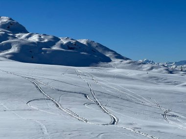 Wonderful winter hiking trails and traces in the fresh alpine snow cover of the Swiss Alps and over the tourist resort of Arosa - Canton of Grisons, Switzerland (Schweiz)