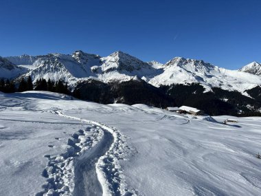 Wonderful winter hiking trails and traces in the fresh alpine snow cover of the Swiss Alps and over the tourist resort of Arosa - Canton of Grisons, Switzerland (Schweiz)