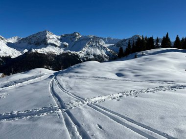 Wonderful winter hiking trails and traces in the fresh alpine snow cover of the Swiss Alps and over the tourist resort of Arosa - Canton of Grisons, Switzerland (Schweiz)