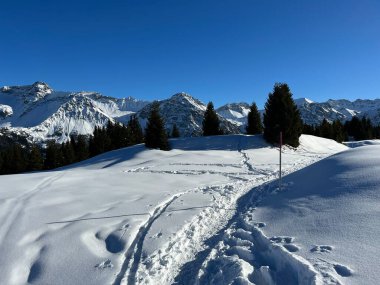 Wonderful winter hiking trails and traces in the fresh alpine snow cover of the Swiss Alps and over the tourist resort of Arosa - Canton of Grisons, Switzerland (Schweiz)