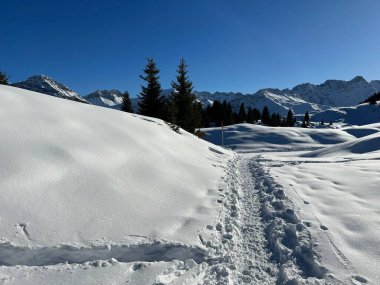 Wonderful winter hiking trails and traces in the fresh alpine snow cover of the Swiss Alps and over the tourist resort of Arosa - Canton of Grisons, Switzerland (Schweiz)