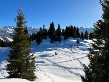 Wonderful winter hiking trails and traces in the fresh alpine snow cover of the Swiss Alps and over the tourist resort of Arosa - Canton of Grisons, Switzerland (Schweiz)