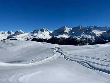Excellently arranged and cleaned winter trails for walking, hiking, sports and recreation in the area of the Swiss tourist winter resort of Arosa - Canton of Grisons, Switzerland (Schweiz)