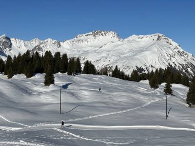 Excellently arranged and cleaned winter trails for walking, hiking, sports and recreation in the area of the Swiss tourist winter resort of Arosa - Canton of Grisons, Switzerland (Schweiz)
