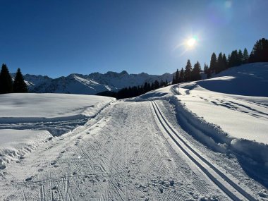 Excellently arranged and cleaned winter trails for walking, hiking, sports and recreation in the area of the Swiss tourist winter resort of Arosa - Canton of Grisons, Switzerland (Schweiz)