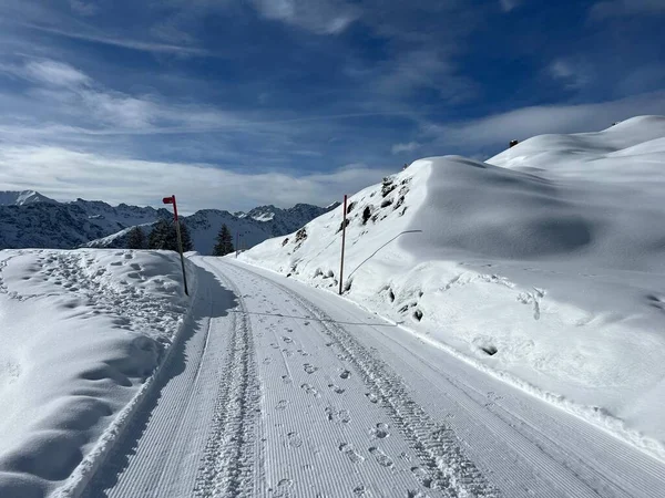 stock image Excellently arranged and cleaned winter trails for walking, hiking, sports and recreation in the area of the Swiss tourist winter resort of Arosa - Canton of Grisons, Switzerland (Schweiz)