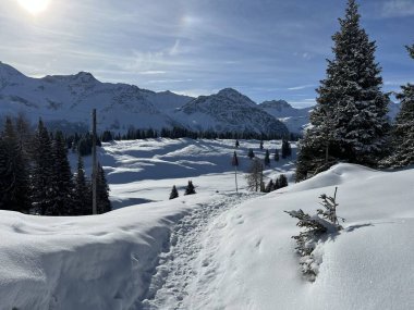 Wonderful winter hiking trails and traces in the fresh alpine snow cover of the Swiss Alps and over the tourist resort of Arosa - Canton of Grisons, Switzerland (Schweiz)