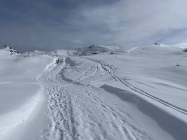 İsviçre Alpleri 'nin taze dağlık kar örtüsünde ve İsviçre' nin Grisonlar Kantonu, İsviçre 'nin turistik tatil beldesi Arosa' nın üzerinde harika kış yürüyüşü patikaları ve izler var.)