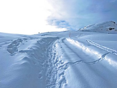 Wonderful winter hiking trails and traces in the fresh alpine snow cover of the Swiss Alps and over the tourist resort of Arosa - Canton of Grisons, Switzerland (Schweiz)