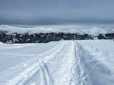 Wonderful winter hiking trails and traces in the fresh alpine snow cover of the Swiss Alps and over the tourist resort of Arosa - Canton of Grisons, Switzerland (Schweiz)
