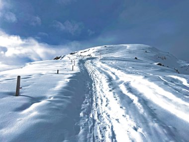 İsviçre Alpleri 'nin taze dağlık kar örtüsünde ve İsviçre' nin Grisonlar Kantonu, İsviçre 'nin turistik tatil beldesi Arosa' nın üzerinde harika kış yürüyüşü patikaları ve izler var.)