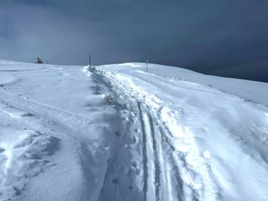 Wonderful winter hiking trails and traces in the fresh alpine snow cover of the Swiss Alps and over the tourist resort of Arosa - Canton of Grisons, Switzerland (Schweiz)