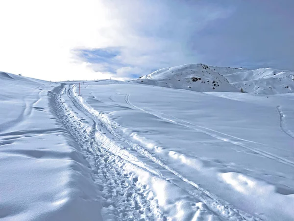 stock image Wonderful winter hiking trails and traces in the fresh alpine snow cover of the Swiss Alps and over the tourist resort of Arosa - Canton of Grisons, Switzerland (Schweiz)