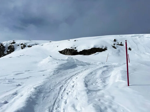 Wonderful Winter Hiking Trails Traces Fresh Alpine Snow Cover Swiss — ストック写真