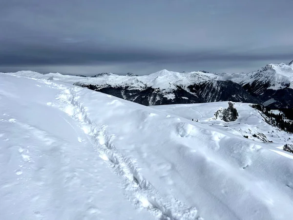스위스 알프스산맥의 지대의 눈덮인 스위스 그레이스턴의 휴양지 바이츠 여행하며 겨울을 — 스톡 사진