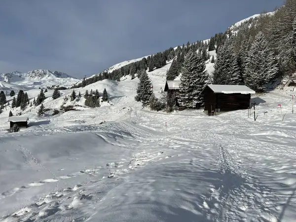 Old Traditional Swiss Rural Architecture Alpine Livestock Farms Winter Ambience — ストック写真