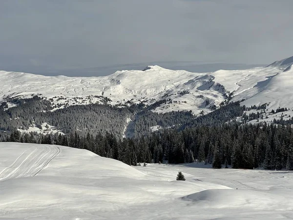 Beautiful Sunlit Snow Capped Alpine Peaks Swiss Tourist Sports Recreational — Zdjęcie stockowe