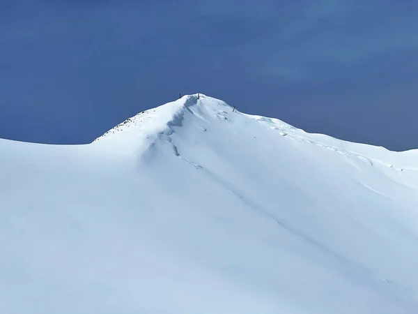 Beautiful Sunlit Snow Capped Alpine Peaks Swiss Tourist Sports Recreational — 스톡 사진