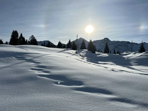 Magical Play Sunlight Shadow Alpine Winter Snowy Slopes Mountine Swiss —  Fotos de Stock