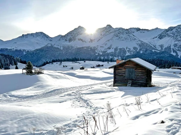早朝の霜降りの朝と スイスの有名なスイスの冬のリゾート地アロスの雪に覆われた高山のピークに昇る太陽 スイスのグリゾート カントン スイス — ストック写真