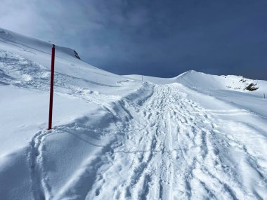 İsviçre Alpleri 'nin taze dağlık kar örtüsünde ve İsviçre' nin Grisonlar Kantonu, İsviçre 'nin turistik tatil beldesi Arosa' nın üzerinde harika kış yürüyüşü patikaları ve izler var.)
