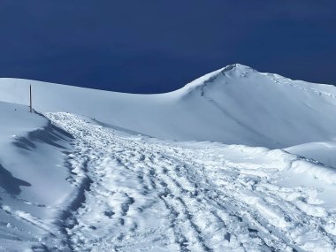 İsviçre Alpleri 'nin taze dağlık kar örtüsünde ve İsviçre' nin Grisonlar Kantonu, İsviçre 'nin turistik tatil beldesi Arosa' nın üzerinde harika kış yürüyüşü patikaları ve izler var.)