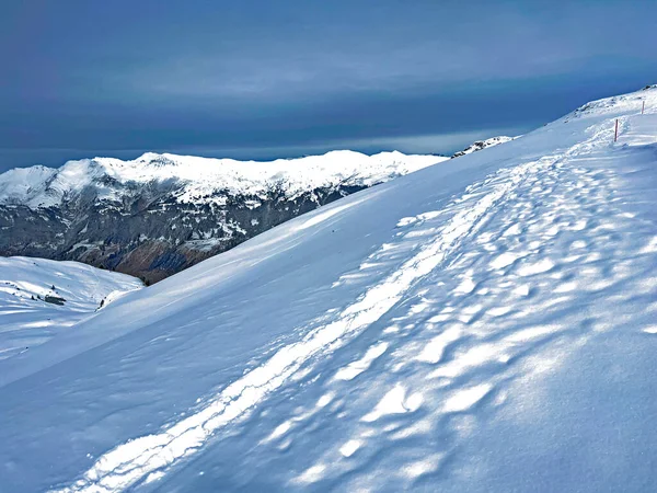 Wonderful Winter Hiking Trails Traces Fresh Alpine Snow Cover Swiss — 스톡 사진