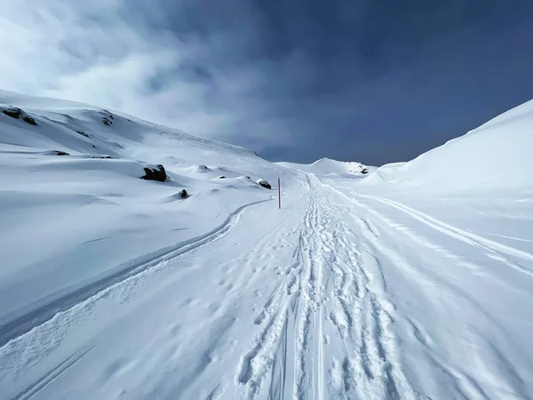 stock image Wonderful winter hiking trails and traces in the fresh alpine snow cover of the Swiss Alps and over the tourist resort of Arosa - Canton of Grisons, Switzerland (Schweiz)