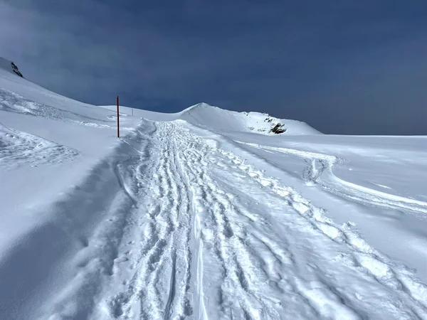 Wunderschöne Winterwanderwege Und Spuren Der Neuschneedecke Der Schweizer Alpen Und — Stockfoto