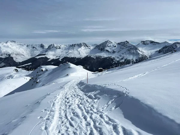 Wonderful Winter Hiking Trails Traces Fresh Alpine Snow Cover Swiss — Fotografia de Stock