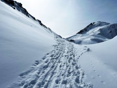 İsviçre Alpleri 'nin taze dağlık kar örtüsünde ve İsviçre' nin Grisonlar Kantonu, İsviçre 'nin turistik tatil beldesi Arosa' nın üzerinde harika kış yürüyüşü patikaları ve izler var.)