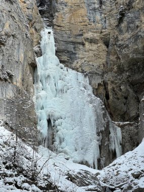 Tiejerbach Eisfall veya Tiejer Deresi buzul şelalesi (Tiejer akıntısı üzerindeki donmuş şelale) İsviçre 'nin Alp kıyısındaki Arosa kış beldesi - İsviçre' nin Grisonlar Kantonu (Schweiz)