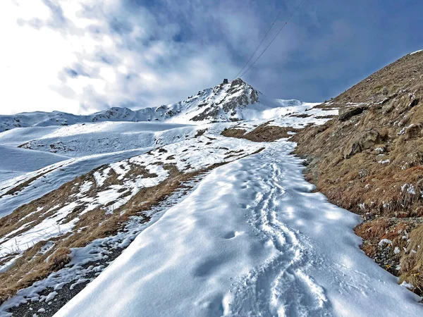 Minunate Trasee Drumeții Iarnă Urme Capacul Proaspăt Zăpadă Alpină Alpilor — Fotografie, imagine de stoc