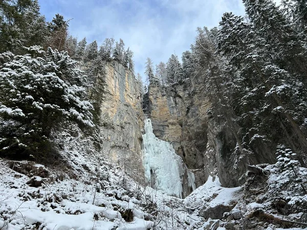 stock image Tiejerbach Eisfall or Tiejer creek icefall (Frozen waterfall on the Tiejer stream) at the foot of the alpine Swiss winter resort of Arosa - Canton of Grisons, Switzerland (Schweiz)