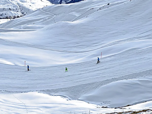 瑞士格劳森州的高山度假胜地Arosa的雪地滑雪和滑雪板滑雪的令人惊奇的体育娱乐性雪地 — 图库照片